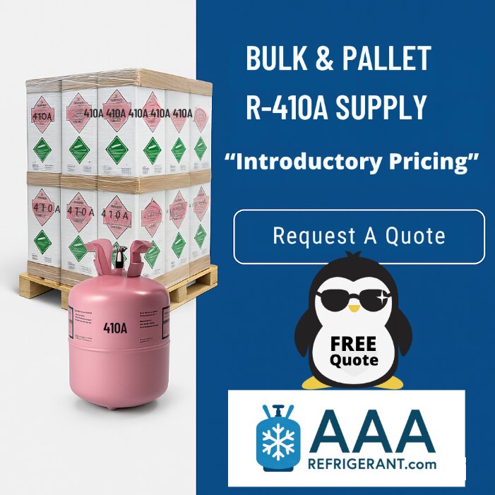 Palletized R-410A refrigerant cylinders stacked on a pallet – bulk wholesale supply available at AAA Refrigerant