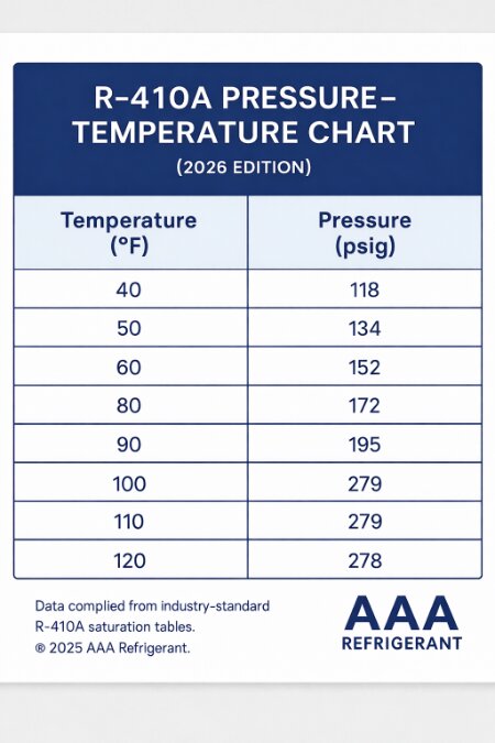 R-410A pressure-temperature saturation chart showing psig values from 0°F to 130°F — AAA Refrigerant 2026